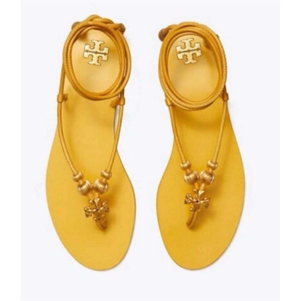 Tory Burch Capri goldenrod lace up sandals with gold details, size 8 1/2 M